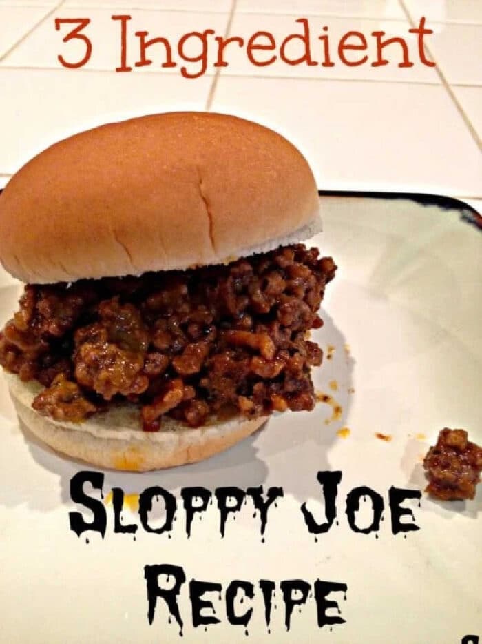 Sloppy Joe sandwich on a plate with text: &ldquo;Easy Sloppy Joe Recipe 3 Ingredients.&rdquo;.