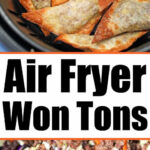 Air fryer won tons cooked to golden brown perfection, with a close-up revealing the savory ground meat and vegetable filling inside.