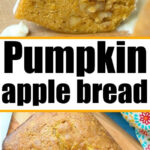 Sliced easy pumpkin apple bread with icing, and a whole loaf of pumpkin apple bread on a wooden board.