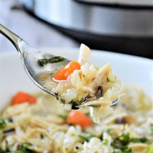 A spoonful of Instant Pot chicken rice soup is held above a white bowl, with an appliance in the background.
