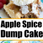 A slice of apple spice dump cake topped with whipped cream and a raspberry, alongside packages of cake mix and apple pie filling.