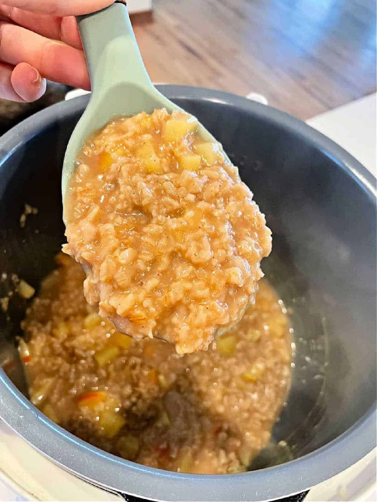 A spoonful of thick, oatmeal is held over a pot, resembling the creamy texture of instant pot oatmeal.