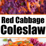 Red cabbage coleslaw with shredded carrots and green peppers, shown in a close-up and served in a bowl.