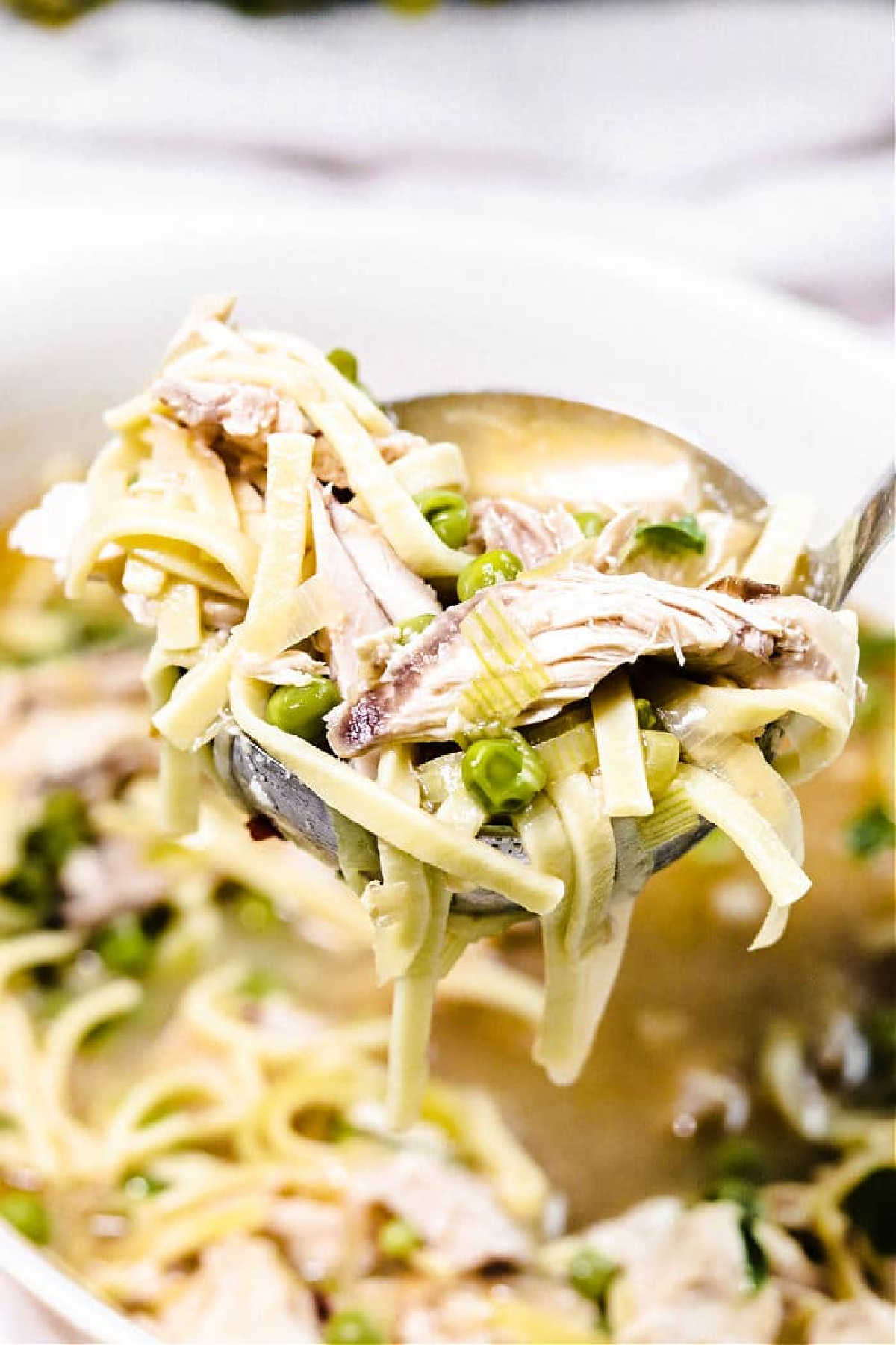 A spoonful of Whole Chicken Soup with peas, tender noodles, and shredded chicken is lifted above a steaming bowl.