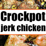 Crockpot jerk chicken cooked with corn and beans, shown close-up as tender pieces are picked up with tongs.