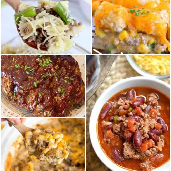 Collage of five ground beef dishes, including casseroles, chili, and a glazed meatloaf—perfect inspiration if you're wondering what to cook with ground beef—served in bowls and pans.
