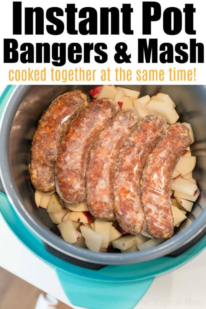 Instant Pot bangers and mash is brats or sausage with mashed potatoes cooked together. #bangersandmash #sausage #brats #instantpotrecipes #instantpotrecipeseasy Instant Pot brats rest atop chopped potatoes inside an Instant Pot, ready to cook.