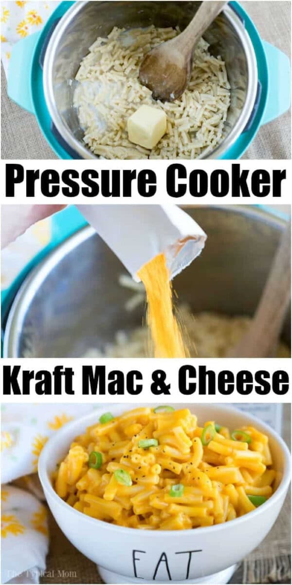 Kraft mac and cheese in a pressure cooker is a game changer!! It's easy! With no draining required we've figured out how to make boxed macaroni in our Instant Pot! #instantpotrecipes #instantpot #kraftmacaroniandcheese #macaroniandcheese #boxed #ninjafoodi #crockpotexpress #macandcheese #thetypicalmom Wooden spoon stirring pasta and butter, pouring cheese powder, and finished Kraft Mac and Cheese in a pressure cooker, served in a bowl with green onions.