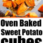Spoon scooping golden brown sweet potato cubes oven-roasted to perfection, with text overlay.