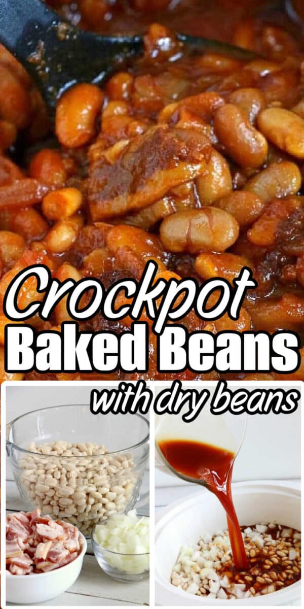 Close-up of baked beans in sauce, with ingredients like dry beans, bacon, and sauce in separate bowls—perfect for making a Crockpot Baked Beans Recipe with Dry Beans.