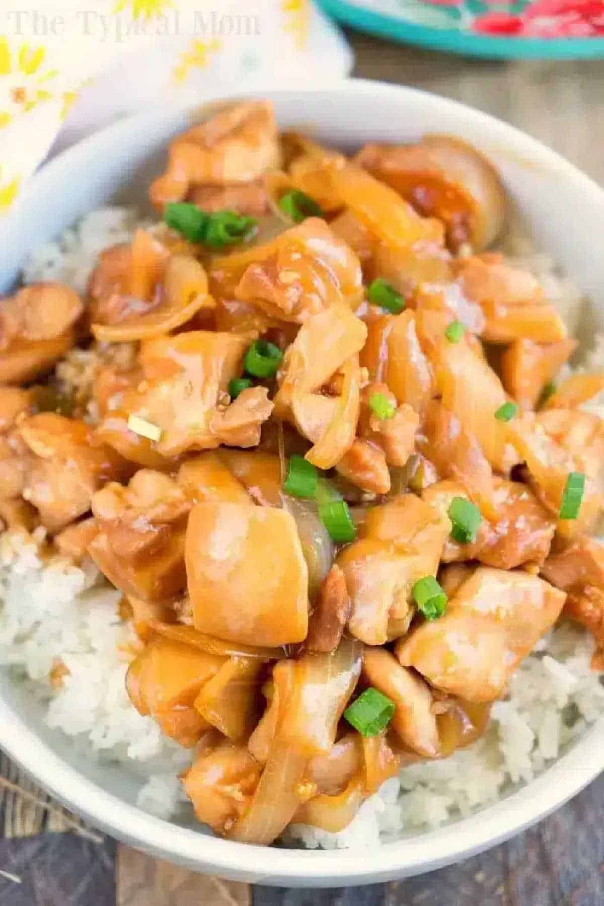 Pressure Cooker hoisin chicken has tender meat with a sweet sauce your whole family will love! In just 5 minutes you too can have this perfect dinner. #pressurecooker #instantpot #ninjafoodi #crockpotexpress #instantpotrecipes #thetypicalmom #hoisinchicken #chicken Bowl of hoisin chicken with chopped green onions served over white rice.