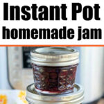 Three jars of homemade pressure cooker jam—dark berry flavor—one open and two stacked beside a lemon and a floral towel.