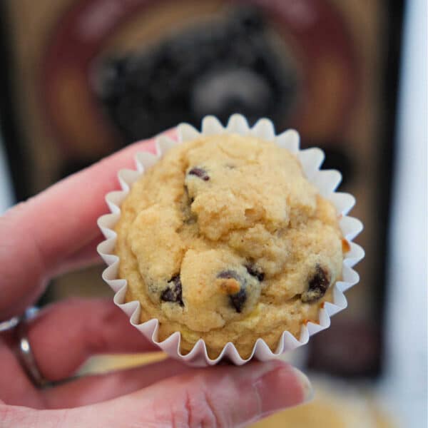 A hand holding a Kodiak banana chocolate chip muffin in a white paper liner, with more banana muffins and a box in the background.