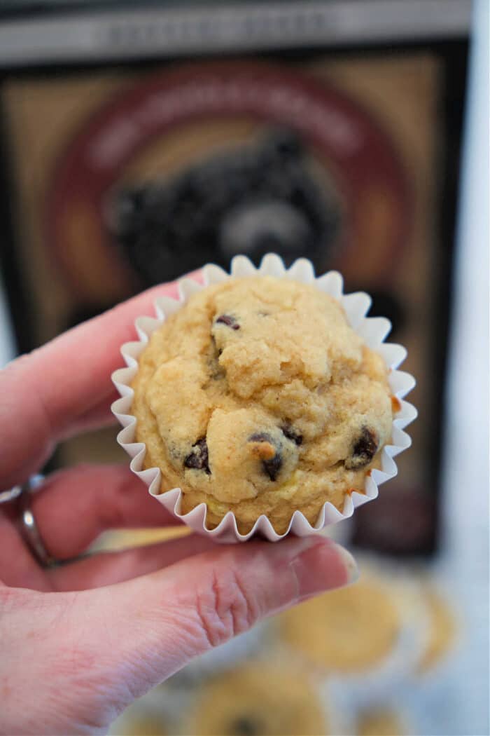 A hand holding a Kodiak banana chocolate chip muffin in a white paper liner, with more banana muffins and a box in the background.