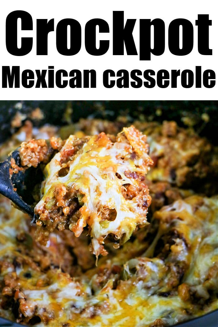 A spoon lifts a cheesy crockpot enchilada casserole from a slow cooker, with text that reads Crockpot Mexican casserole.