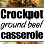 Close-up of cheesy crockpot enchilada casserole with ground beef in a pot and a bowl, topped with herbs and a lime wedge.
