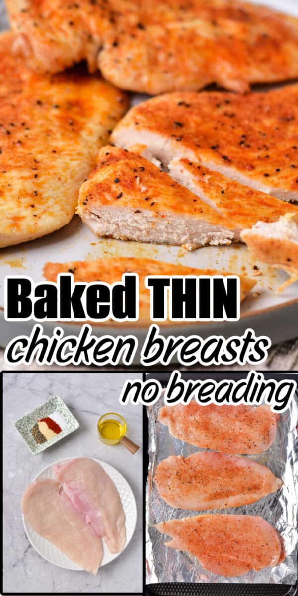 Seasoned, baked, thin chicken breasts with no breading shown cooked, raw, and before baking on foil. See how long to cook thin chicken breast in oven for perfect results every time.