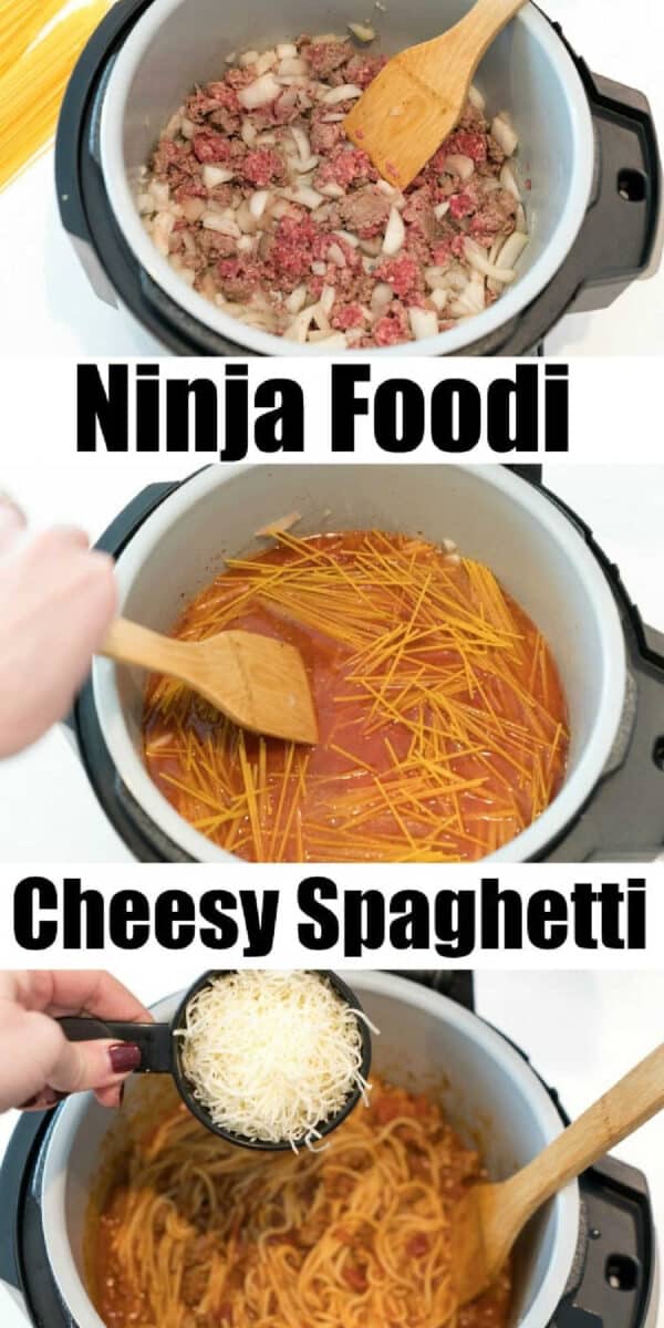 Cheesy Ninja Foodi spaghetti will become your new favorite dinner using both your pressure cooker and air fryer functions! Baked spaghetti in a snap!! #ninjafoodi #ninjafoodirecipes #bakedspaghetti #spaghetti #cheesy #airfryer #pressurecooker #crockpotexpress #aircrisp #pasta Three steps: brown meat and onions, add pasta and sauce, then use your Ninja Foodi to make cheesy spaghetti topped with shredded cheese.