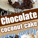 A slice of Chocolate Coconut Poke Cake with whipped topping and toasted coconut sits on a white plate.