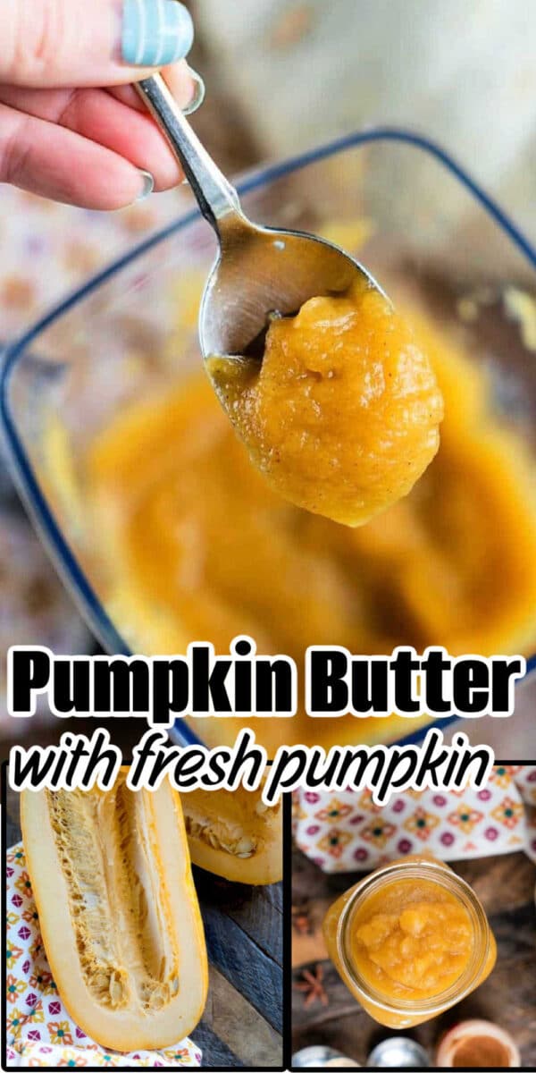 A spoonful of pumpkin butter held above a jar, with fresh pumpkin shown below—perfect inspiration for your next Pumpkin Butter recipe.