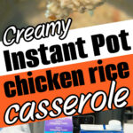 A spoonful of creamy chicken and rice casserole with recipe ingredients displayed below.
