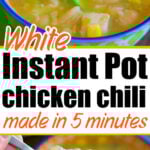 Bowl of instant pot white chicken chili with beans and avocado, labeled “Instant Pot white chicken chili made in 5 minutes.”.