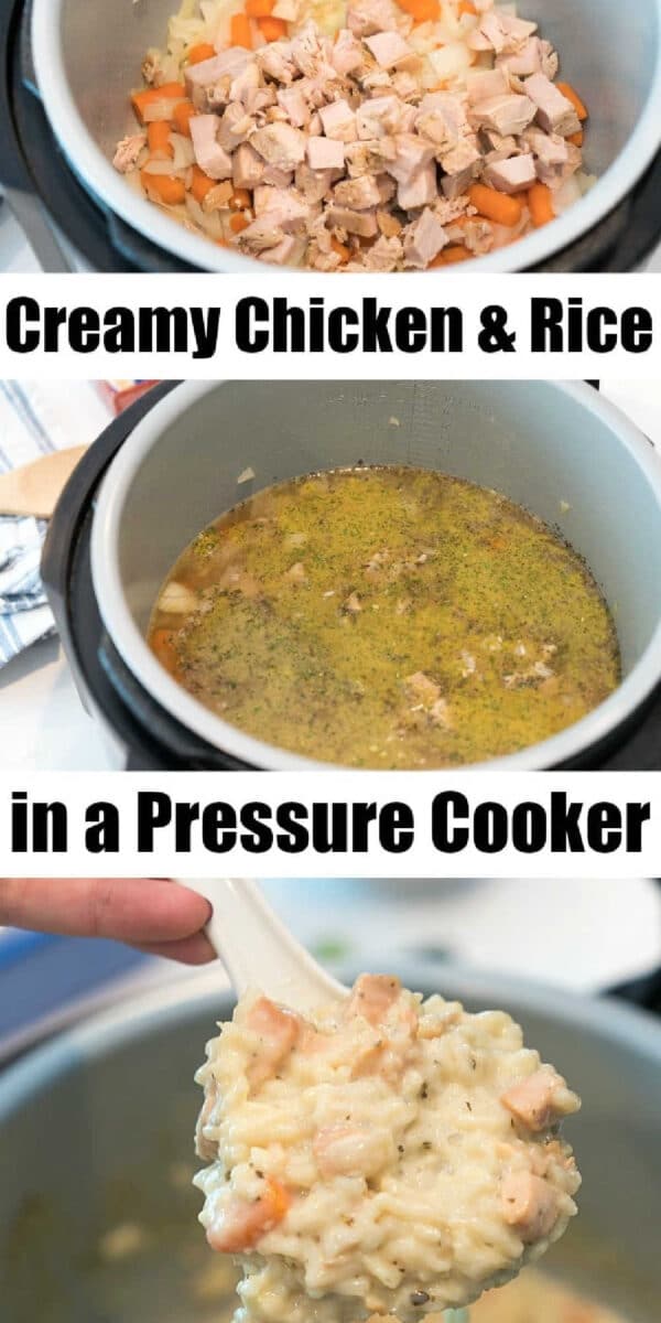 Chopped chicken, carrots, and rice are cooked together in a pressure cooker to make a delicious creamy chicken and rice casserole.