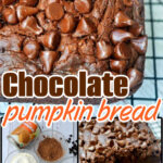 Closeup of rich chocolate pumpkin bread with chocolate chips, ingredients, and sliced pieces displayed on a cooling rack.