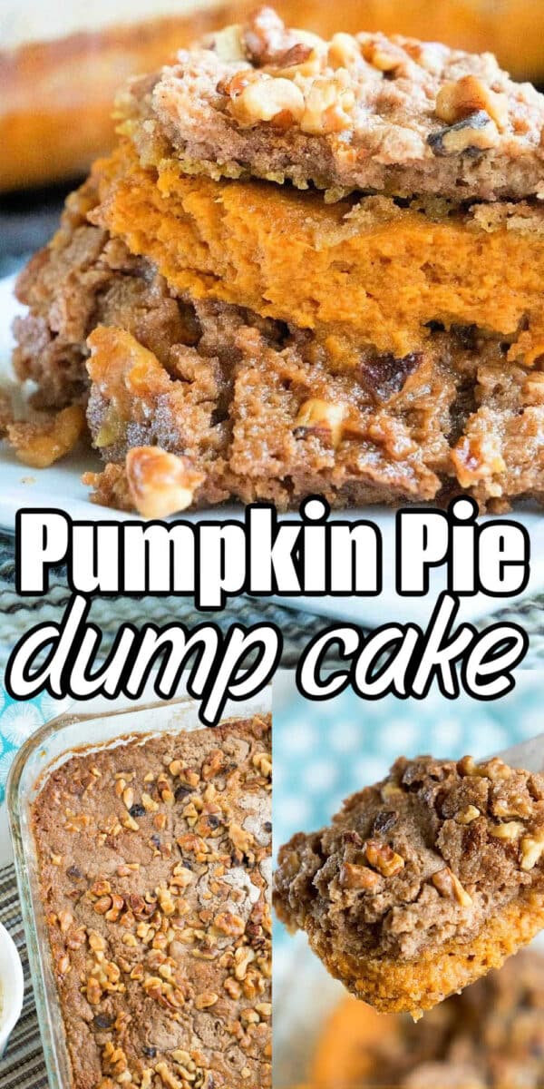 Close-up of pumpkin pie dump cake with chopped walnuts, shown in slices and a baking dish—this easy pumpkin pie dump cake is topped with crunchy walnuts for a perfect fall treat.