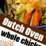 Dutch oven whole chicken cooked to perfection with carrots and celery, topped with fresh herbs and seasonings for a flavorful meal.