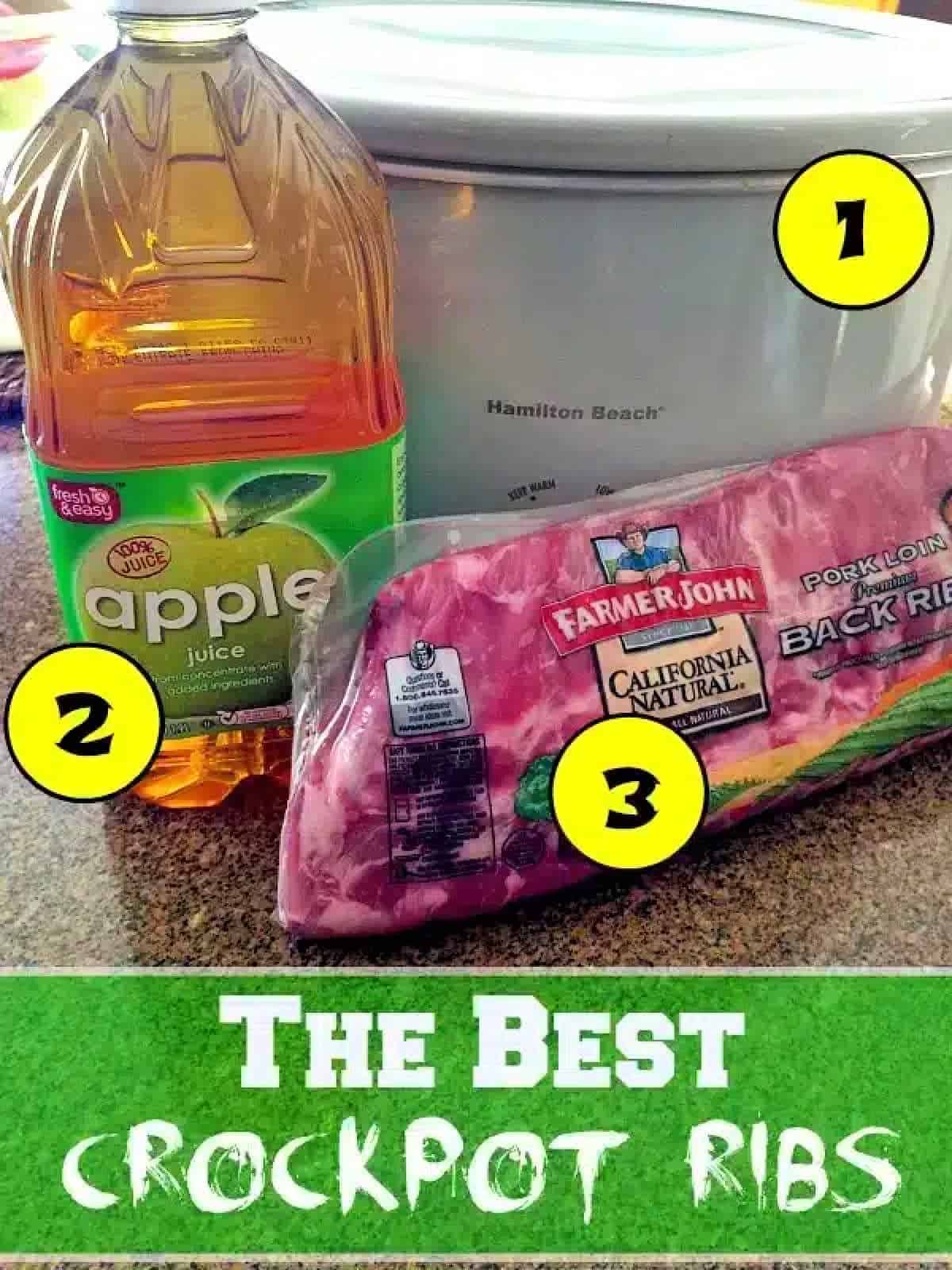 Best crockpot ribs recipe I've ever had!! Fall off the bone juicy ribs every time! If you've never made beef or pork ribs in your slow cooker they taste amazing with no effort on your part. A little time in the oven with this simple rub makes them one of our favorite dinners ever. #crockpot #slowcooker #ribs #recipe #rub #best #pork #beef A slow cooker, apple juice, and packaged pork ribs on a counter with text: The Best Easy Crockpot Ribs—try adding Coca Cola for extra flavor.