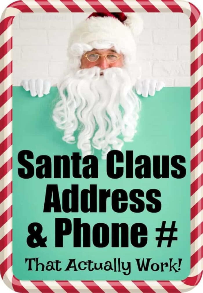 Santa Claus holding a sign framed by a candy cane border, inviting you to send a letter to Santa with his address and phone number displayed.