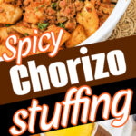 A bowl of spicy chorizo stuffing with a wooden spoon and broth being poured over the mixture—an irresistible chorizo stuffing recipe for your next feast.