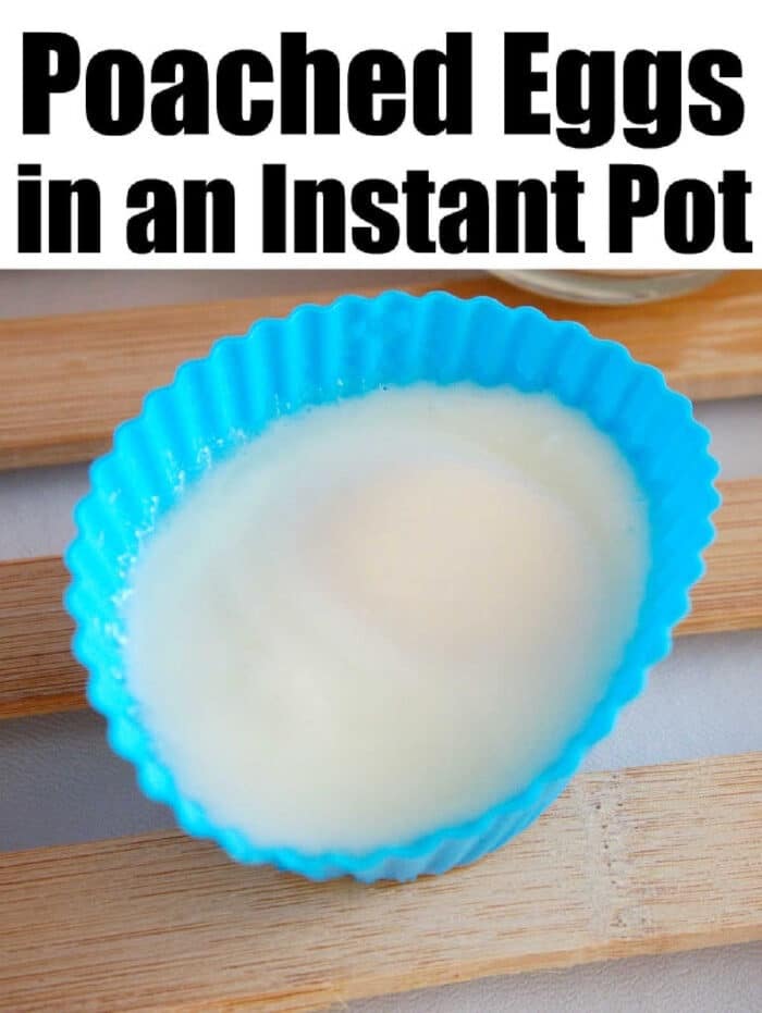 Poached egg in a blue silicone cup sits on a wooden surface, with text above sharing tips for perfect Instant Pot poached eggs.