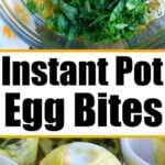 Bowl with eggs, greens, and cheese; cooked pressure cooker egg bites on a plate with text Instant Pot Egg Bites.