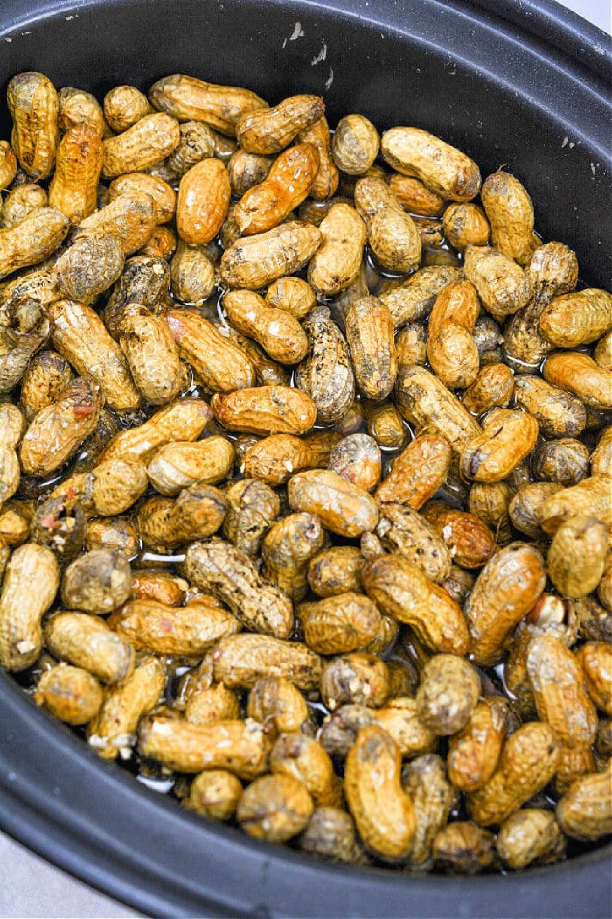 Crockpot Boiled Peanuts in their shells soaking in a black slow cooker with visible water.