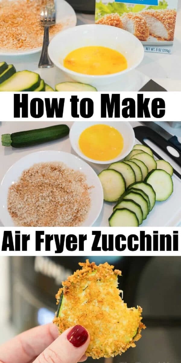 Air Fryer zucchini chips are crunchy low carb snacks that are much healthier than deep fried but have the same great taste you love! Try them in your Ninja Foodi. #ninjafoodi #airfryerrecipes #airfryer #zucchini #vegetables #lowcarb #spears Sliced zucchini, bread crumbs, and egg shown; finished air fryer zucchini chips held with a bite taken.