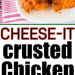 Two pieces of crispy, golden Air Fryer Cheese It Chicken Tenders on a white plate with a red striped towel.