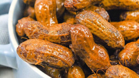 A bowl filled with Crockpot Boiled Peanuts, some glistening with moisture.
