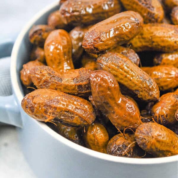 A bowl filled with Crockpot Boiled Peanuts, some glistening with moisture.