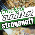 Slow Cooker Ground Beef Stroganoff with egg noodles, creamy sauce, and a crispy topping served in a spoon—comfort food at its best.