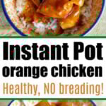 Bowl of healthy Instant Pot orange chicken recipe over rice, topped with green onions and no breading.