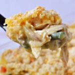 A close-up of a spoonful of creamy chicken casserole with vegetables, a crumb topping, and hints of comforting chicken pot pie flavor.