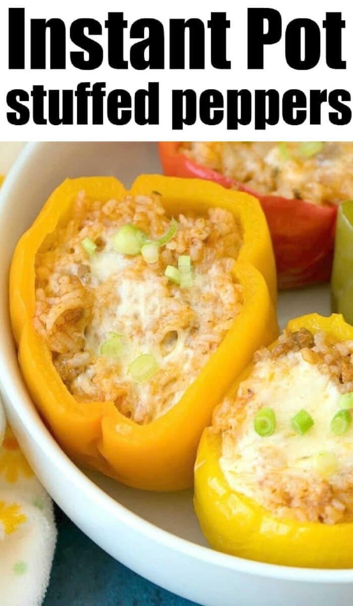 Yellow bell pepper stuffed with rice, cheese, and green onions—these easy Instant Pot stuffed peppers make a delicious and satisfying meal.