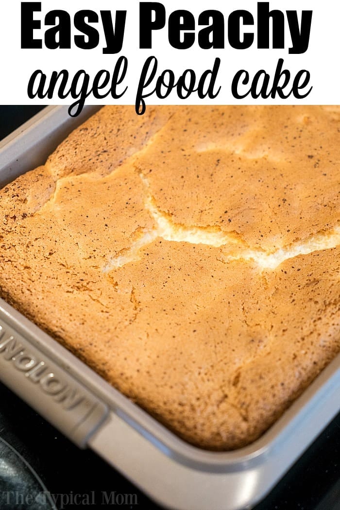 Golden brown peach angel food cake baked in a square pan, with the text Easy Peachy angel food cake above it.