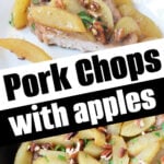 Baked Pork Chops with Apples topped with pecans on a plate, with a fork holding a bite above the dish.