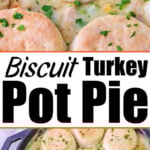 Golden biscuits top creamy Turkey Pot Pie with Biscuits in a skillet, garnished with parsley and colorful vegetables.