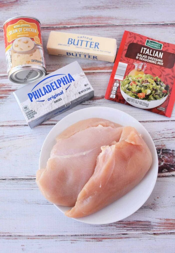 Ingredients for Slow Cooker Chicken Stroganoff are displayed: raw chicken breasts on a plate, cream of chicken soup, butter, cream cheese, and Italian dressing mix arranged neatly on the table.