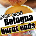 Fork holding a cube of seasoned Bologna Burnt Ends above a plate, with more smoky bologna cubes resting on a wire rack below.