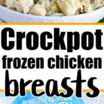 Shredded cooked chicken in a bowl above a package of frozen boneless skinless chicken breasts, perfect for easy crockpot frozen chicken meals.